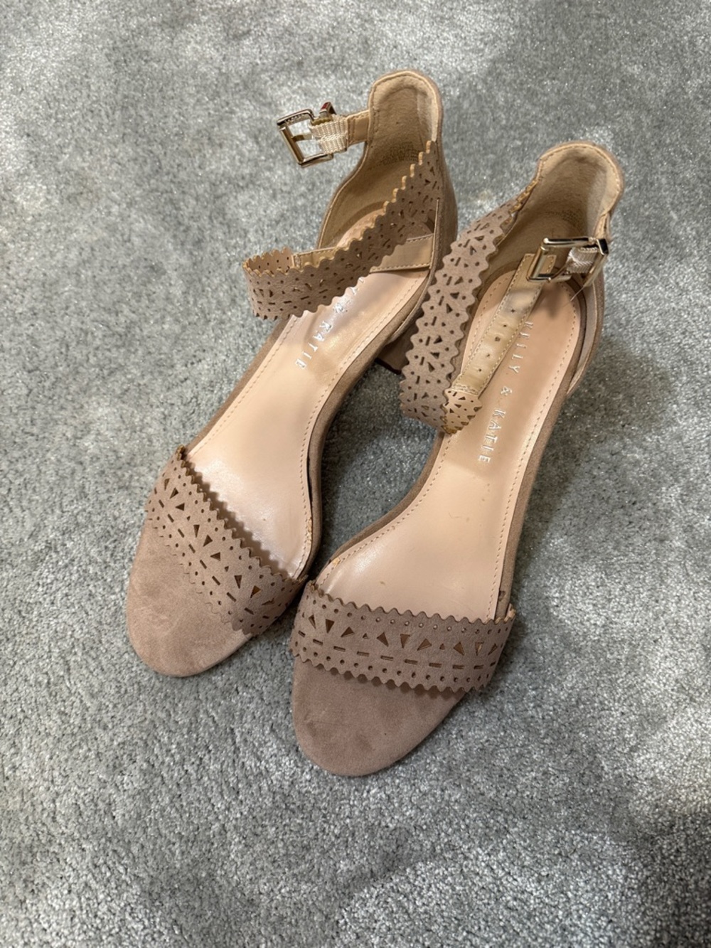 Kelly & Katie Spring Taupe Microsuede Ankle-Strap Heels